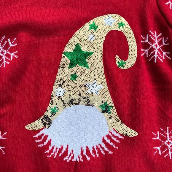 Poof! Red White Snowflake And Gold Sequin Gnome Christmas Sweater L - Picture 2 of 4